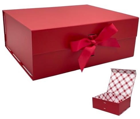 Tekhoho Rot große Geschenkbox 33.5x27x12.5 cm, Premium Geschenkbox mit Magnetdeckel und Geschenkband für Feiertage Hochzeit Geburtstag Geschenkverpackung, kariertes Innenfutter