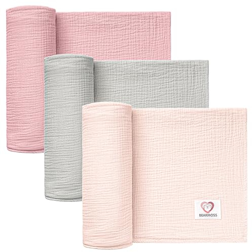 Bearmoss Baby Pucktuch Musselin Decke 100% Baumwolle Baby Pucktücher Empfangsdecken 120x120cm Atmungsaktive Babydecke Baby Swaddle Decke 3pack für Unisex-Jungenmädchen (Rosa)