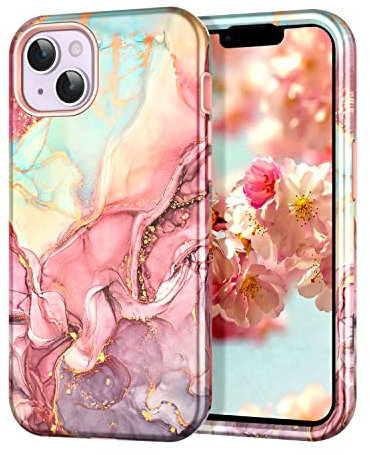 Petocase for iPhone 14 Plus Case 6.7 inch (2022), Marble Pattern 3 in 1 Heavy Duty Full Body Shockproof Hard PC+Soft Silicone Drop Protective Women Girls Cover for iPhone 14 Plus, Rose Gold