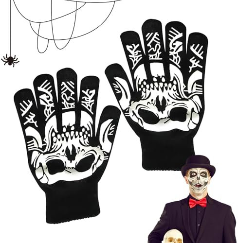 Ghost Cosplay Skull Claws Handschuhe,Stretch-Strick-Skelett-warme Handschuhe, Halloween Schwarz Weiß Totenkopf Handschuhe, Rollenspielkostüme Skeletthände Zubehör zum Reiten, Radfahren,