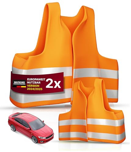 Thomatex® Warnwesten Auto 2er-Set – DIN EN ISO 20471 – Maximale Sichtbarkeit bei Tag und Nacht – Universelle Größe XL – 100% reflektierend, orange
