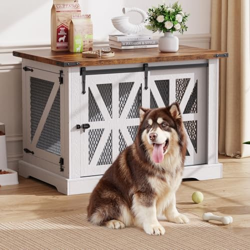 Hundekäfig, 110 cm Hundebox, Dreitüriger Hundekäfig für zu Hause, Schiebetür, Modernes Holz-Hundehäuschen, Mittlere und Große Hunde, Verstärktes Eisennetz, 110x74x81 cm, Weiß