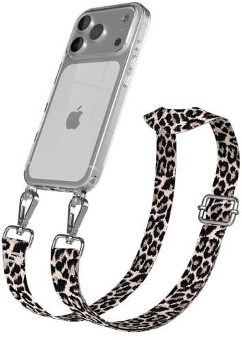 EAZY CASE Handykette - Verstellbares Taschenband kompatibel mit iPhone 17 Pro, Schulterriemen, Handykordel mit Silikon Hülle, Umhängetasche, Leo - Schwarz Beige Silber