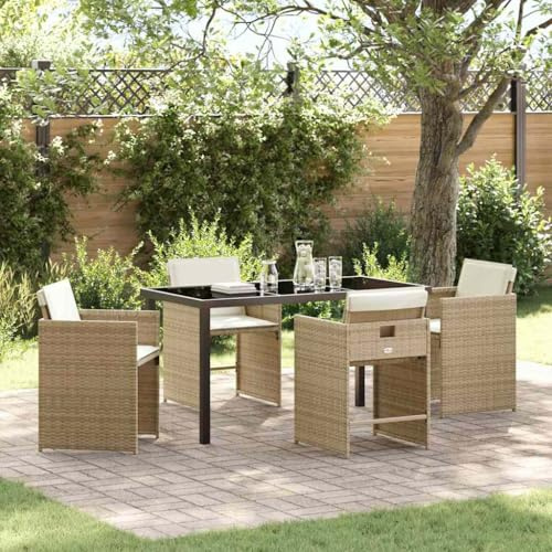 Runheo Garten Essgruppe 5-teilig, Beige Poly-Rattan, wetterfestes Outdoor-Loungeset mit Tisch und 4 Stühlen, langlebiges Terrassenmöbel-Set für Balkon