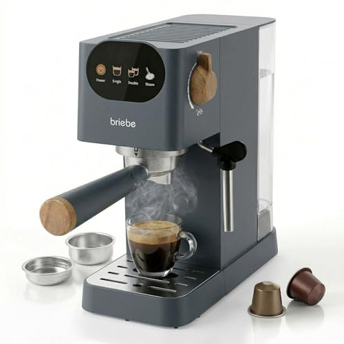 briebe Nordic Kaffeemaschine 20 Bar Kompatibel Nespresso-Kapseln und Kaffeemehl, Espresso Siebträgermaschine 1350W, Milchaufschäumer, Touch-Display, 1,2L Wassertank, Skandinavisches Design (Grau)