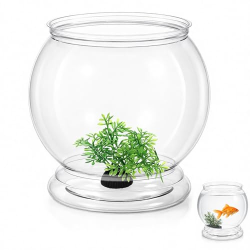 Mini Plastic Fish Bowl with Artificial Plants, 27 oz Decorative Fish Bowl | Unbreakable Plastic Betta Fishes Tank Clear Round Desktop Vases Bowls for Home Decor, Centerpiece Vases, Candy