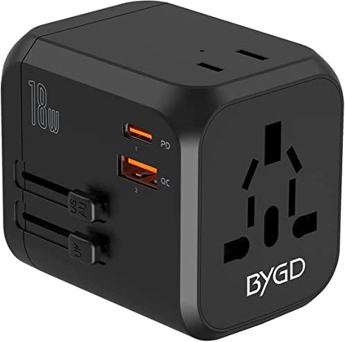BYGD Adattatore di Viaggio Universale,Compatibile con Europa/UK/USA/Australia,Presa Elettrica con Ricarica Rapida e 4Porte USB, Sicuro con Protezione Surriscaldamento, per Smartphone/Tablet/Notebook