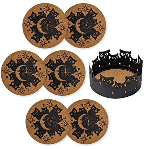 Mango Steam Set mit sechs Dekorativen Untersetzern für Getränke und Tassen mit Metallhalter, Eulen, Schwarz