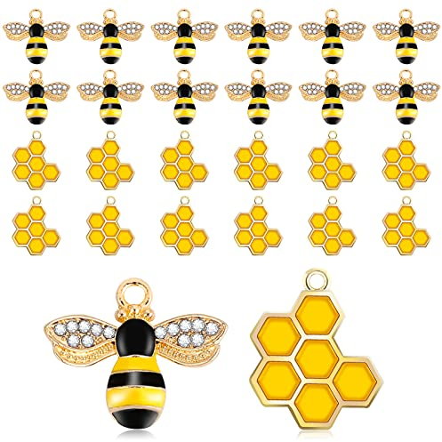 Prasacco 24 Stück Bienen Charms, Legierung Emaille Bee Charms Wabenanhänger Strass Biene Nette Charms Bienenwabe Charms für Schmuckherstellung Ohrringe Schlüsselanhänger Zubehör (12 Biene + 12 Waben)