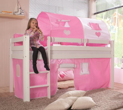 Hochbett Massivholz weiß, mit Stoffset in pink,rosa o.purple