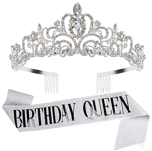 DRESHOW Geburtstagskrone und Schärpe für Damen Geburtstagskönigin Schärpe & Strass Tiara Set Geburtstag Tiaras und Schärpen für Mädchen Geburtstag Dekorationen Haarschmuck Glitter Schärpe für Party
