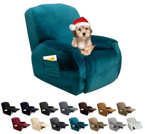 FIGOOO Stretchhusse für Relaxsessel 4-Teilig Mit Seitentasche - Elastisch Waschbar Sesselbezug Bezug für Husse, Samt#Smaragd