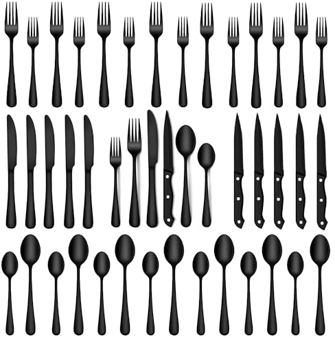 SHEUMNT 48-Piece Black Silverware Set, Mirror Polished Flatware Set for 8, Food-Grade Stainless Steel Cutlery Set, Includes Spoons Forks Knives, Kitchen Cutlery for Home Office Restaurant Hotel