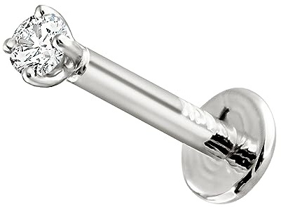 16G 14K White Gold 0.035ct Diamond Labret Monroe Stud 8mm Post Flat Disk Bottom Prong Set 2mm Genuine Round Brilliant Cut Diamond Lip Ring Tragus Stud 14KLBRT-2WD8WG