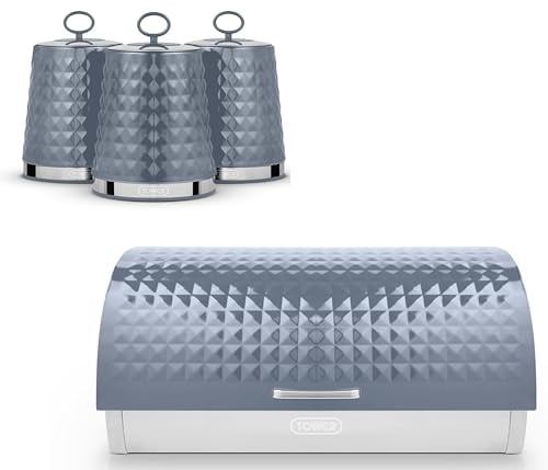 tower Tower Solitaire Grey Roll Top Bread Bin & Tea, Coffee & Sugar Canisters Set. Matching Contemporary Design Stainless Steel Kitchen Storage Set in Grey with Embossed Diamond Design