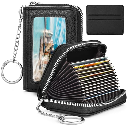 flintronic Porte Carte, Porte Carte RFID Homme Femme, Porte Cartes de Crédit avec 14 Emplacements, Porte Cartes Cuir, Portefeuille Fermeture Eclair avec Titulaire de la Carte de crédit Cash et ID