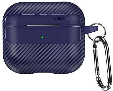 MINUUISCT Funda para Airpods 3, estilo fibra de carbono, funda de cuero vegano, funda protectora para auriculares con llavero, a prueba de golpes, piel protectora antiarañazos para Airpods 3, azul
