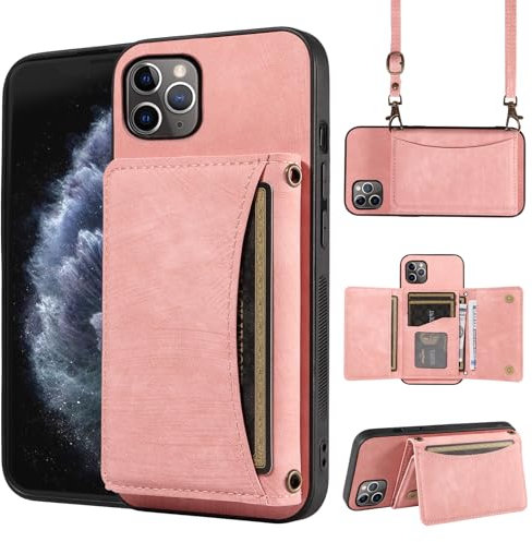 ELISORLI Phone Case For iPhone 11 Pro Max 6.5 Wallet Cover with Crossbody Shoulder Strap and Leather Credit Card Holder Pocket Slim Cell Accessories iPhone11 11pro Promax i XI Plus Women Girls Pink