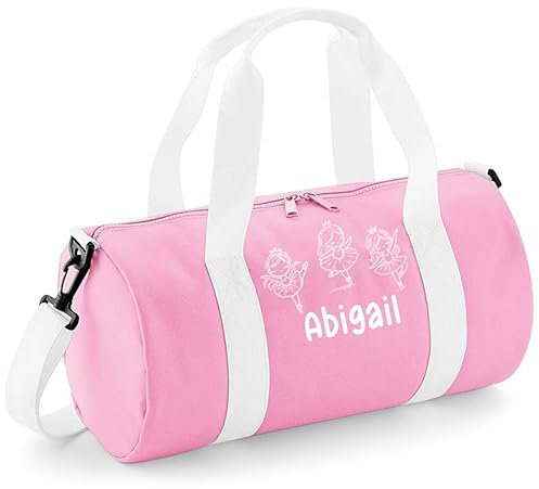 Personalised Ballet Dance Ballerina School Barrel Bag, Pink with 3 Cute Ballerinas in White Design