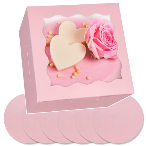 Gcardist 6x6x5 Inch Cake Box, 5 Sets Pink Cake Box with Window & 5 Sets 6 Inch Pink Cake Round Boards, Cake Containers(15.24x15.24x13cm)