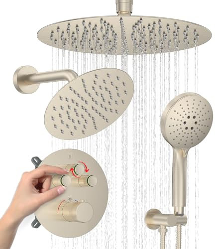 Iriber Thermostatic Shower System with Adjustable Water Flow Push Button Diverter, Round Dual Shower Heads Faucet Set with Handheld Spray, Brushed Nickel Shower Mixer Valve Trim Kit (Valve Included)