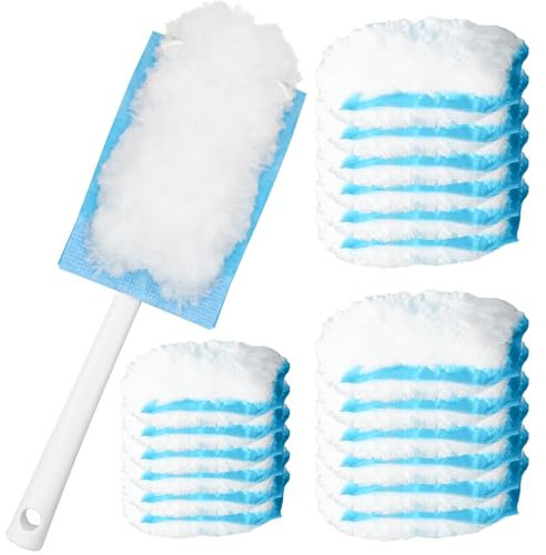 Scettar 30 Pcs Fluffy Duster Refills,Disposable Double-Sided Duster Refills with 1 Handle,360 Degree Flash Dust Magnet Refill,Blue Flash Duster Dust Magnet Refills for Cleaning Dust Dirt Hair