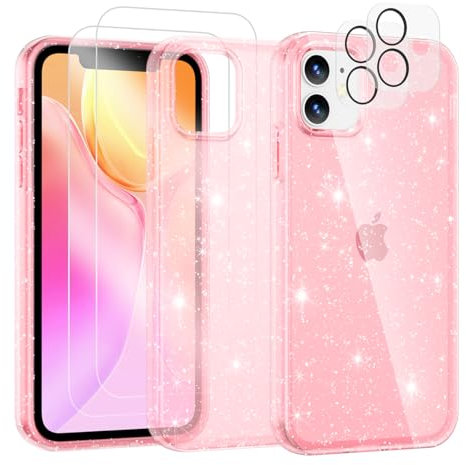 Noyabox für iPhone 12/12 Pro Transparent Glitzer Hülle mit 2 Panzergläsern, Handyhülle Silikon Funkelnd Weich Leicht Kratzerfest TPU Case, Rosa