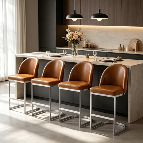 Bekrvio Robuste Barhocker 4er Set mit Lehne, Kunstleder Barstuhl Sitzhöhe 65cm, Küchenstühle mit Rückenlehne und Fußstütze, Robuster Metallrahmen, Für Outdoor Kücheninsel Esszimmer
