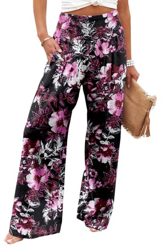 KISSMODA Elastic Trousers for Ladies High Waist Straight Wide Leg Pants Solid Printed Long Lounge Pants