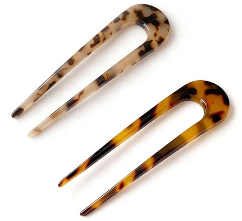 French Hair Pin, Fork Updo Chignon HairPins for All Hairstyle, 2 Pcs | Smooth Cellulose Acetate, U-Shaped Secure Hold, Tortoise Shell Pattern, Suitable for Buns, Chignons and Wedding Hairstyles