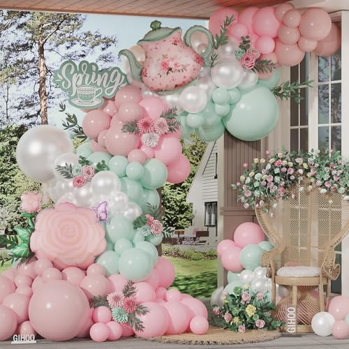 Spring Tea Party Decorations 139pcs Pastel Spring Floral Balloon Garland Arch Kit with Pink Green Teapot and Floral Mylar Balloon for Let's Par-Tea Birthday Spring Garden Mothers Day Tea Party Decor