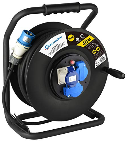 Electraline 49059 Prolunga in Gomma 3G2.5 mm² con Avvolgicavo, 2 Prese Industriali IEC e 1 Schuko Spina a 3 Poli Adatto per Camper, Campeggio, Caravan, Barca, Cantiere, Nero, 40 m