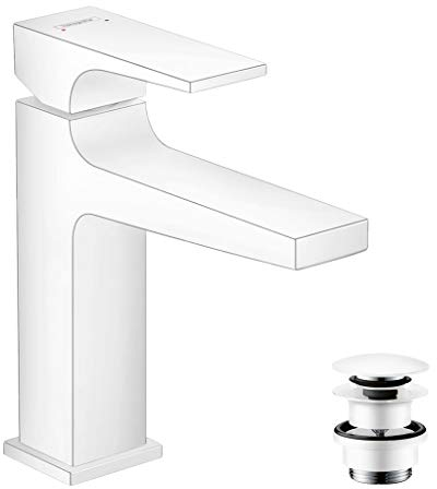 hansgrohe Wasserhahn Metropol, wassersparende Armatur mit Komfort-Höhe 110mm mit Push-Open Ablaufgarnitur, Mattweiß