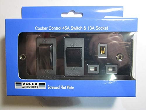 Replacement for Volex Cooker Control 45A Switch 13A Socket with Neon Black Interior Nickel Flat