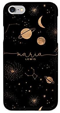 Tirita Personalised Initials Custom Hard Phone Case Compatible with iPhone 7/8 / SE 2020 / SE 2022 PRINTED GLITTER, NOT REAL GLITTER Space Moon and Stars Planets Copper Galaxy