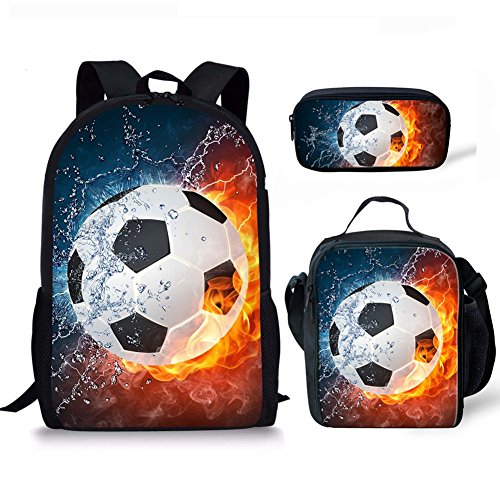 Kuiaobaty Schulranzen Set für Mädchen Jungen 3 in 1 Schulranzen mit Lunchtasche Federmäppchen für Middle College School, fußball, Einheitsgröße, Rucksack