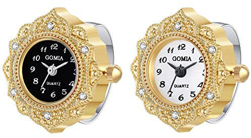 JewelryWe 2pcs Ringuhr Fingeruhr Damen Analog Quarz Retro Geschnitzt Blumen Strass Edelstahl Verstellbar Ring Uhr Fingerringuhr Uhrenring mit Rundem Zifferblatt und Gold Gehäuse