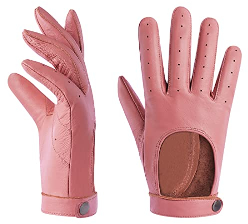 Harssidanzar autofahrer Lederhandschuhe Damen,Touchscreen ungefüttert dünne Lederhandschuhe aus Schaffell KL021EU, Rosa,Größe L