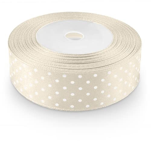 Netuno 1 x Satinband Ecru gepunktet 25 mm x 22 m Schleifenband Geschenkband Dekoband Stoffband Satinrolle für Hochzeit Kommunion Taufe Geschenke Verpacken Blumen Dekoration Basteln