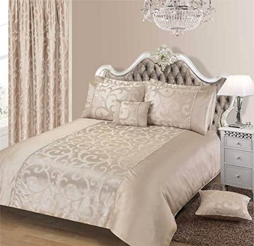 Sweet Dreams Jacquard Premium Embroidered Gold Damask Floral Bedding Duvet Quilt and Pillowcase Set (Bedding Set, Single)