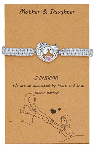 J.Endéar Mutter Tochter Armband Silber 925 für Damen Mädchen Rot Zirkonia Handgemachtes Kordel Herz Mutter Tochter Schmuck Geschenk, Grau