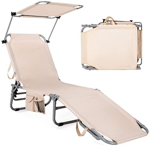 GOPLUS Sonnenliege mit Dach, Liegestuhl klappbar, inkl. Seitentasche, Gartenliege mit 5-Fach Verstellbarer Rückenlehne, Balkonliege bis 150kg belastbar, Relaxliege für Garten Strand Camping (Beige)