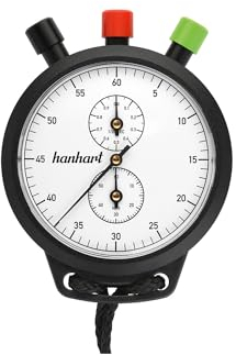 Hanhart Stoppuhr Amigo Quarz | Stoßfest, Spritzwassergeschützt | Handstoppuhr Start/Stop/Reset | Inkl. Batterie, Umhängekordel | 85g | 110x90x30 mm | Analog, Kronenstopper 1/20 Sek.