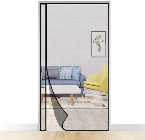 Fliegengitter Magnet Tur, 195x215cm Fliegenvorhang Magnetisch Türe, Balkontür Insektenschutz, Insektengitter Lamellenvorhang Magnetvorhang, Schwarz