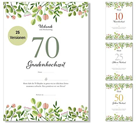 Frank Paperman® | 70. Hochzeitstag Geschenk | Ehejubiläum | Gnadenhochzeit | Urkunde | floral | Vordruck im DIN-A4-Format