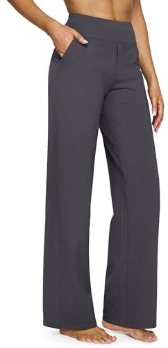 G4Free Yogahose Damen Lang Hohe Taille Elegant Stretch Weites Bein Jogginghose Geschäft Hose Arbeit Bauchkontrolle Lose Gerade Freizeithose mit Taschen (Dunkelgrau,XXL)