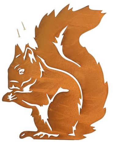bowarepro Rost Eichhörnchen Figur Eichhörnchen Deko Metall Baumstecker Rost Edelrost Gartendeko Gartenfigur für Draußen Naturliebhaber Hof Hinterhof Garten Outdoor Rasen (28×21cm)