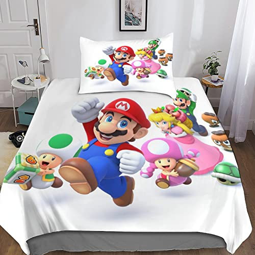 Super Mario Bettwäsche Bettbezug Set Und Kissenbezug, Zeichentrickfilme Bettwäsche Für Jungen Und Mädchen, 3D Digital Print Dreiteiliger Bettwäsche,Mikrofaser Bettbezüge Single(135x200cm)