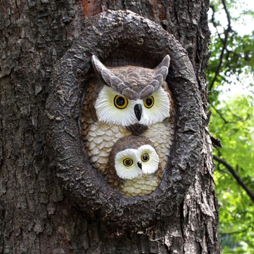 JARPSIRY Owl Tree Hugger Skulptur Skulptur Garten Statuen Outdoor Baum Gesicht Dekor Garten Peeker Yard Kunst Dekorationen (Mama und Baby Eule)