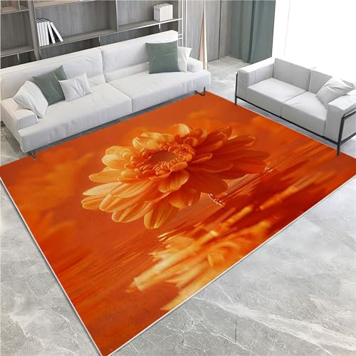 Quixora Chrysantheme Blumen Orange Teppiche Flächenteppich, Orange Farbe Nicht-Slip 3D Gedruckt Teppich Runner Rugs,Weiches Bodenteppich Für Wohnzimmer Schlafzimmer 120x170 cm - Leicht zu Reinigen